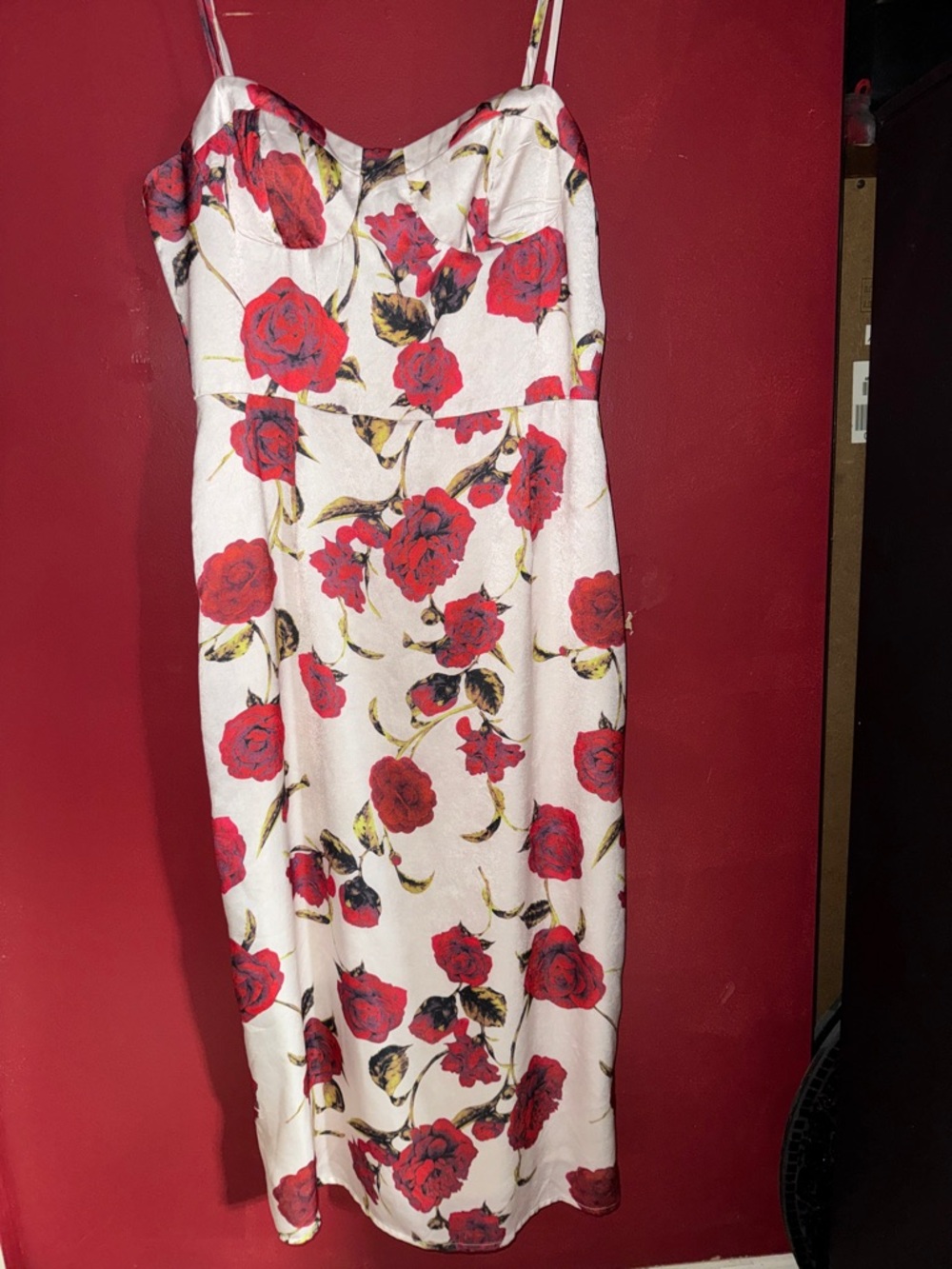 White Floral Midi Dress with Red Rose Print